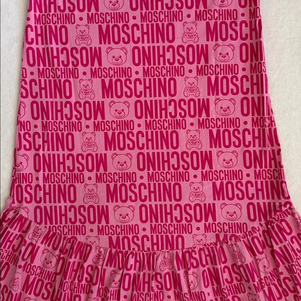 Moschino Teen | 2020 Teddy Bear Allover Logo Drop Waist High Low Dress Pink 14 - Picture 12 of 15
